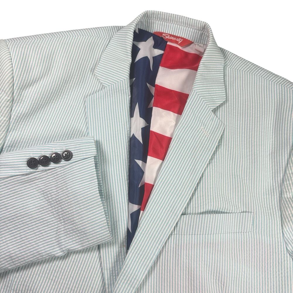 Shinesty USA Blazer Mens 48 Blue Seersucker Flag Lined Sport Coat Jacket